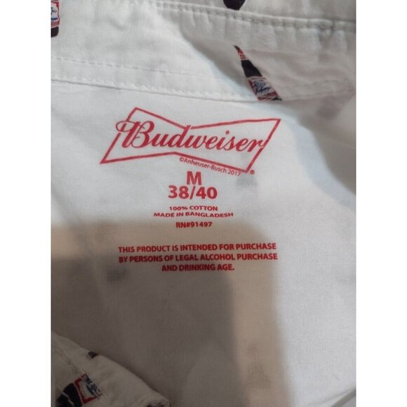 Budweiser NWT Shirt Men’s Short Sleeve White Beer Print Button Up Size Medium M - Picture 9 of 11